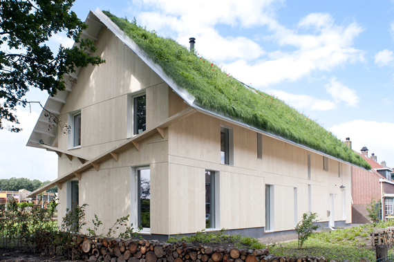 Wit nieuwbouwhuis met met groendak van gras