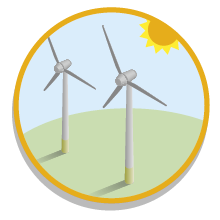 Pictogram hernieuwbare energiebronnen. Twee windmolens met zon op achtergrond