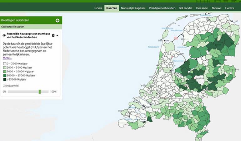 Kaart Potentiele houtoogst van stamhout van het Nederlandse bos